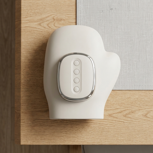 Cordless Heated Hand Massager resting on a wooden table surface, showcasing its ergonomic mitt-style design.