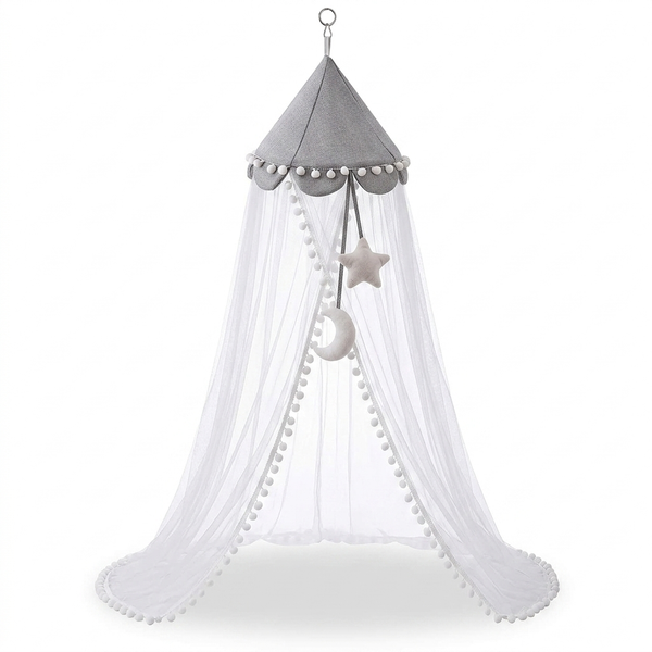 Hanging Nursery Mosquito Net Canopy with Pom-Poms over crib, featuring grey fabric dome and decorative pom-poms.