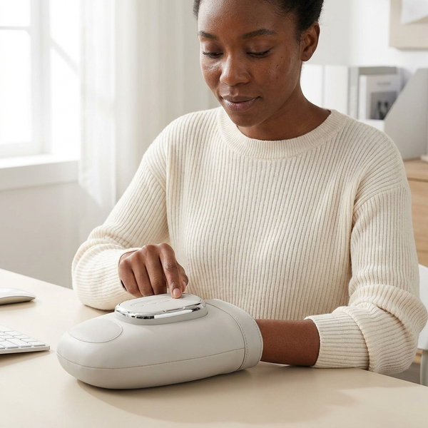 Woman using a Cordless Heated Hand Massager for relaxation at her desk.