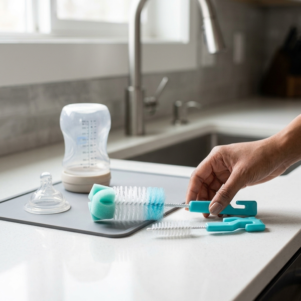 2-in-1 Baby Bottle & Teat Cleaning Brush Set displayed next to baby bottle and teat, showcasing cleaning tools in use.