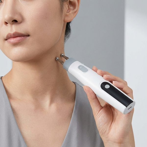 Handheld Electronic Massage Pen with Digital Display being used on the neck for targeted massage.