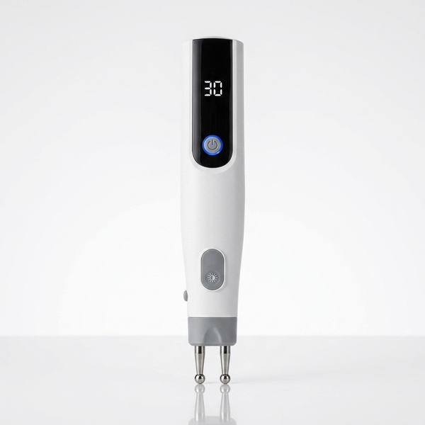 Handheld Electronic Massage Pen with Digital Display showing intensity level 30 on the screen.