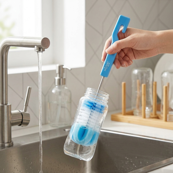 2-in-1 Baby Bottle & Teat Cleaning Brush Set being used to clean a baby bottle under running water.