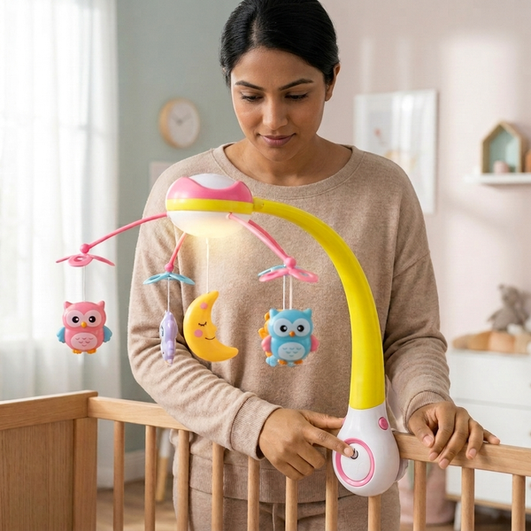 Musical Baby Crib Mobile with Light Projector and Toys in use, featuring colorful animal toys and a soothing design.