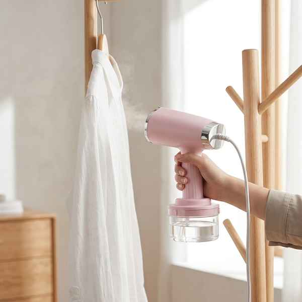 Handheld Garment Steamer with Large Capacity Water Tank in pink, steaming a white shirt.