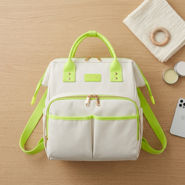 Convertible Canvas Diaper Bag Backpack with Shoulder Strap in off-white canvas with neon green accents.