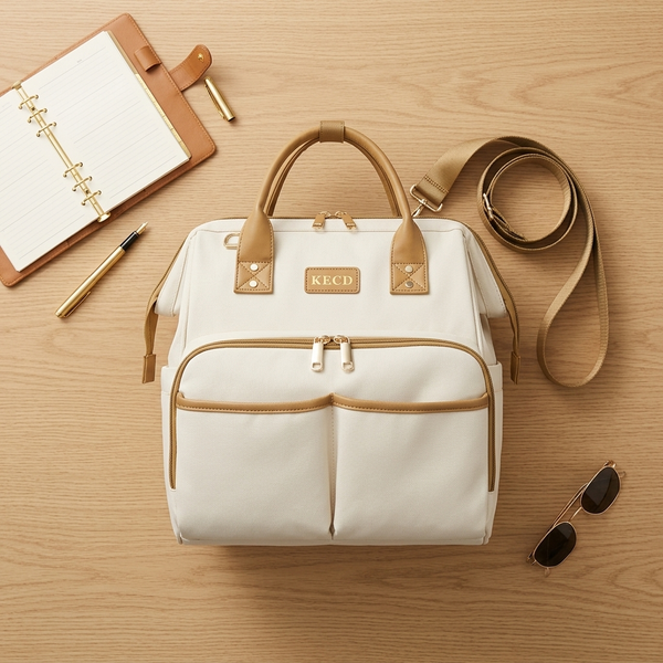 Convertible Canvas Diaper Bag Backpack with Shoulder Strap on a wooden table with accessories.