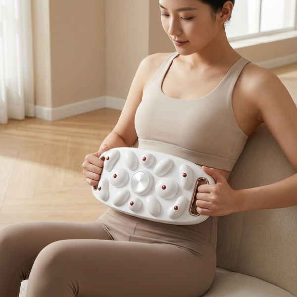 Large Area Vibrating Abdominal Massage Device being used by a woman sitting on a chair for abdominal massage.
