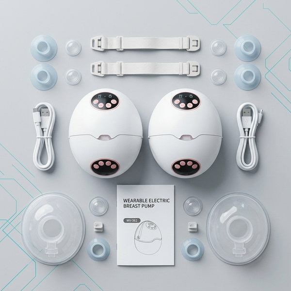 MV-362 Wearable Electric Breast Pump components including two pump units and accessories.