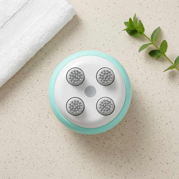 Electric Scalp Massage Brush with 4 Massage Heads featuring four massage heads on a light blue design.