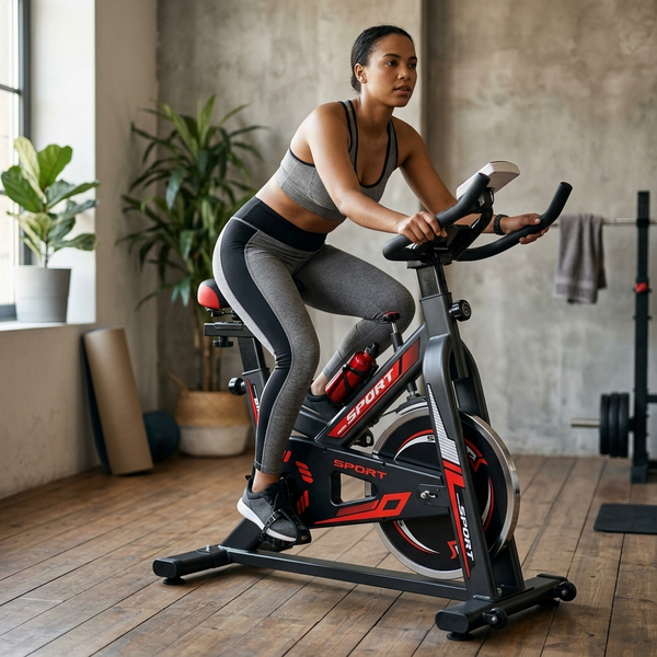 Indoor Cycling Spin Bike with Adjustable Seat in home gym with a woman cycling for cardio workout.