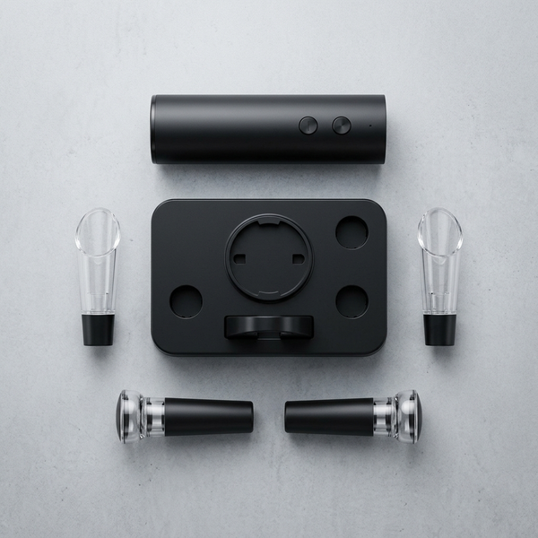Electric Wine Opener Set with Bottle Accessories featuring a black opener and matching accessories on a compact base.