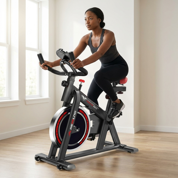 Indoor Spin Bike with Digital Display & Flywheel used by a woman for a stable home workout.