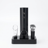 Electric Wine Opener Set with Bottle Accessories displayed on a compact black base with various wine accessories.