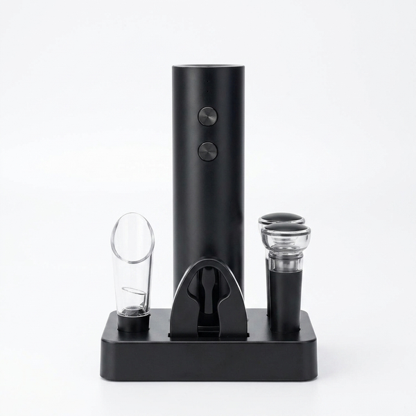 Electric Wine Opener Set with Bottle Accessories displayed on a compact black base with various wine accessories.