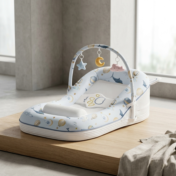 Portable Baby Lounger with Hanging Toy Arch on wooden surface, featuring soft toys and gentle design.
