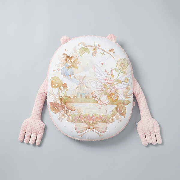Long Plush Baby Pillow with Printed Design featuring whimsical fairy and animal illustration with soft pink limbs.