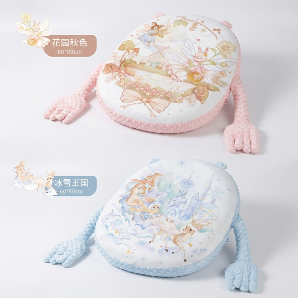 Long Plush Baby Pillow with Printed Design featuring fairy tale themes in pink and blue.
