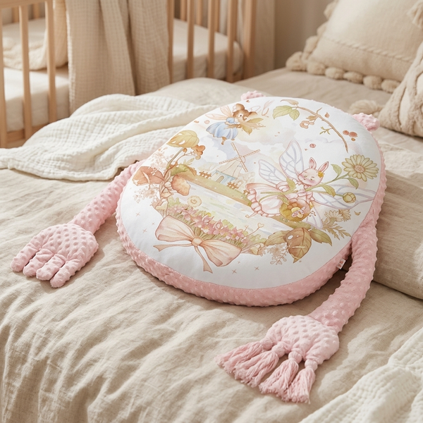 Long Plush Baby Pillow with Printed Design featuring a charming fairy illustration and soft, textured limbs.