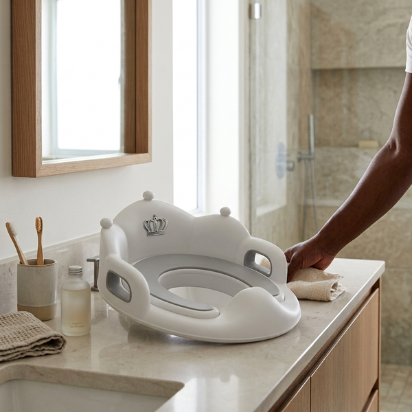 Toddler Toilet Training Seat with Handles placed on a bathroom counter next to toiletries and a towel.