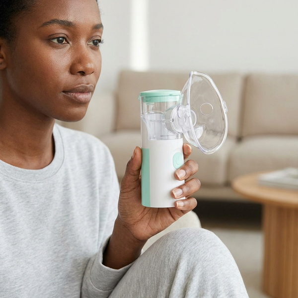 Portable Mesh Nebulizer with Masks and USB Cable in use by a woman at home.