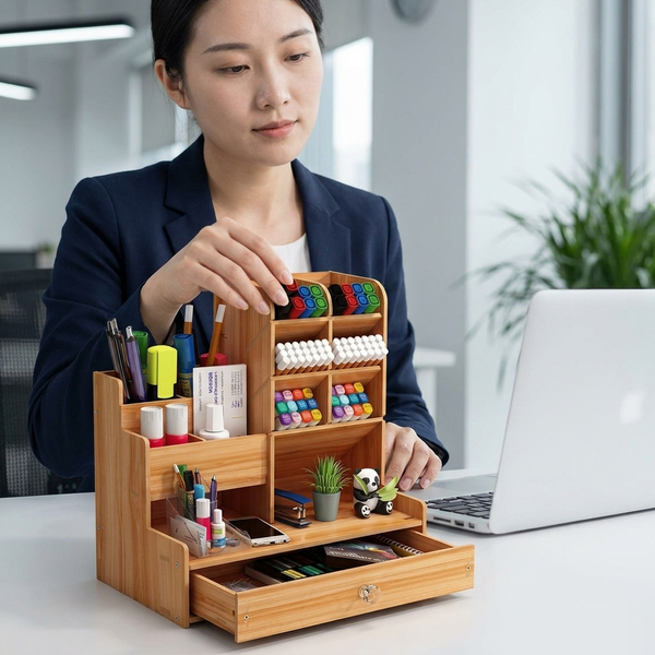 Wooden Desk Organizer Multifunctional Office Stationary Storage Holder