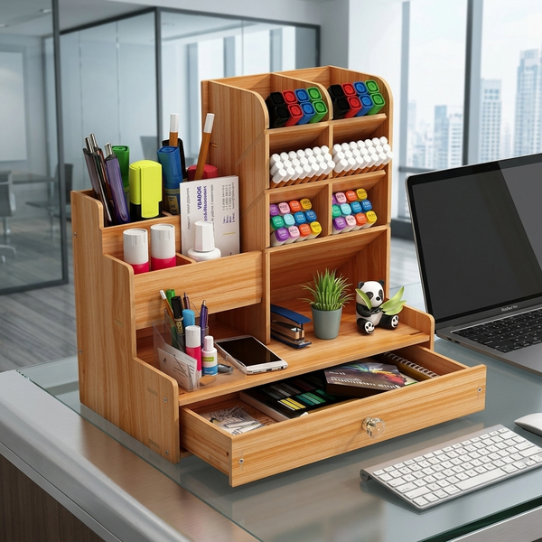 Wooden Desk Organizer Multifunctional Office Stationary Storage Holder