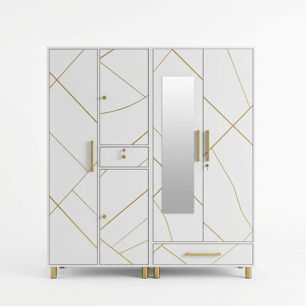 Modern 4-Door Wardrobe Cabinet with Storage featuring a stylish geometric design and mirror