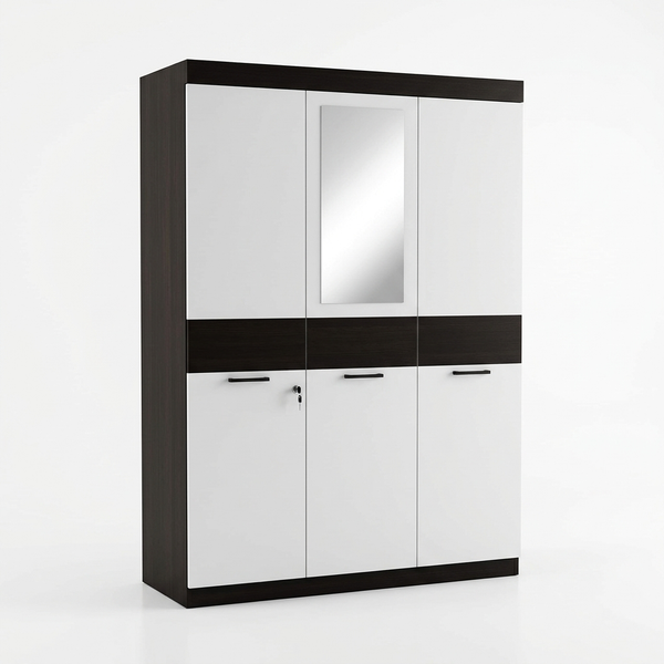 Modern 4-Door Storage Wardrobe with Multiple Compartments featuring sleek design and mirror.
