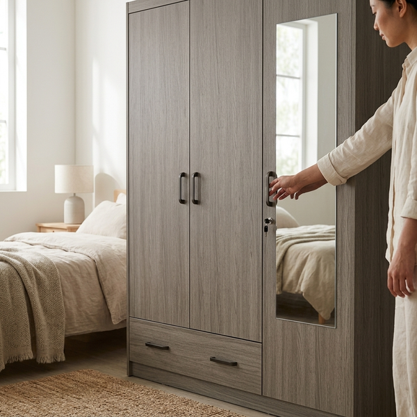 Storage Cabinet Wardrobe with Mirror Panel showcasing a modern design and practical mirror in a cozy bedroom setting.