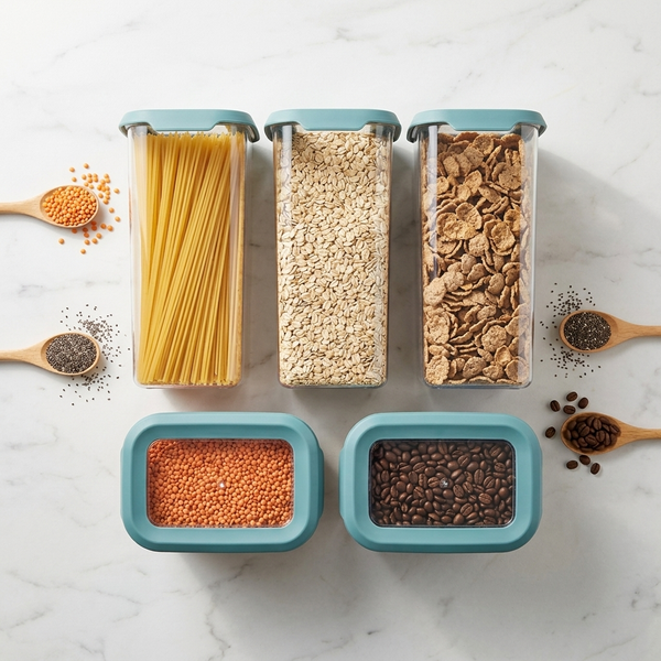 5-Piece Airtight Clear Food Storage Container Set with pasta, oats, cereal, lentils, and coffee on a marble countertop.