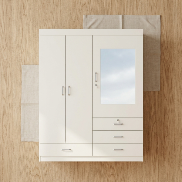 Wardrobe Cabinet with Mirror and Drawers featuring drawers and a mirror panel on a wooden background.