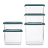 5-Piece Airtight Clear Food Storage Container Set neatly stacked, featuring clear containers with dark teal-green lids.