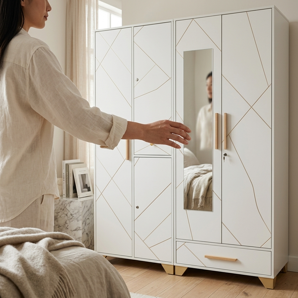 Modern 4-Door Wardrobe Cabinet with Storage featuring a clean design and spacious interior for organizing clothing.