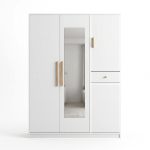 Wardrobe with Mirror Drawer and Side Cabinet in Cream