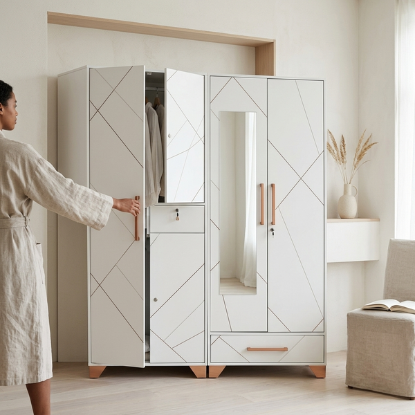 Modern 4-Door Wardrobe Cabinet with Storage shown with open doors and clean geometric design.