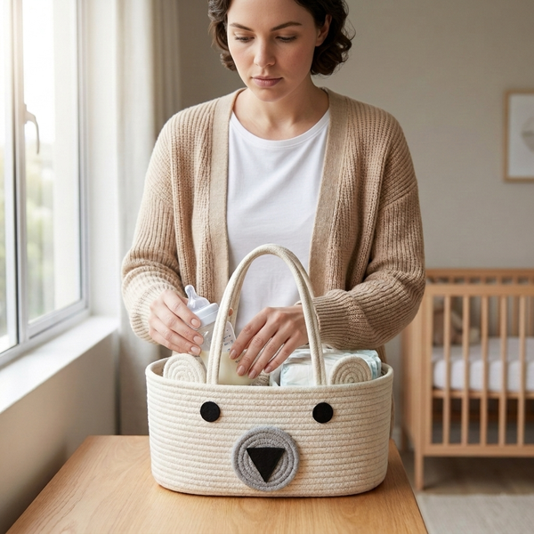 Woven Cotton Rope Bear Diaper Caddy filled with diapers and bottles on a changing table.