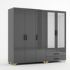 Modern Multi-Door Wardrobe Cabinet with Storage in dark grey finish featuring reflective glass doors and gold accents.