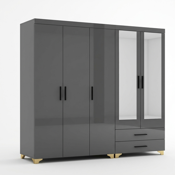 Modern Multi-Door Wardrobe Cabinet with Storage in dark grey finish featuring reflective glass doors and gold accents.