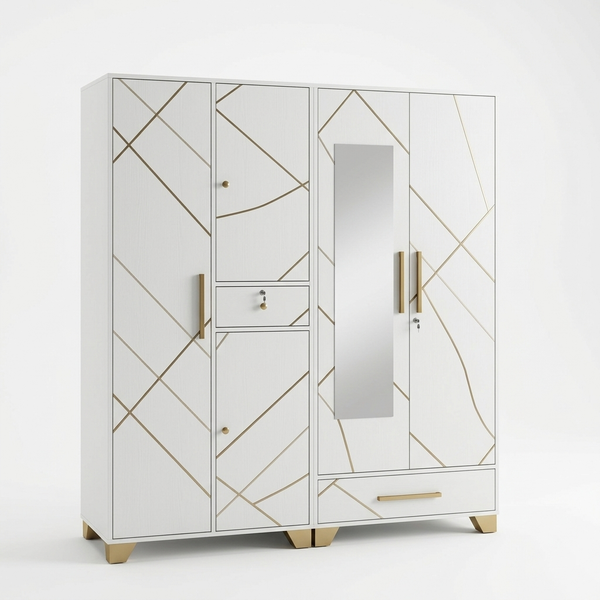 Modern 4-Door Wardrobe Cabinet with Storage featuring a geometric door design and decorative handles.