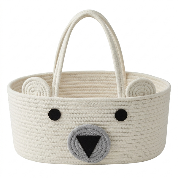 Woven Cotton Rope Bear Diaper Caddy with stitched bear face and cute 3D ears for organizing nursery essentials.