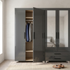 Modern Multi-Door Wardrobe Cabinet with Storage showcasing open doors and organized clothing inside.