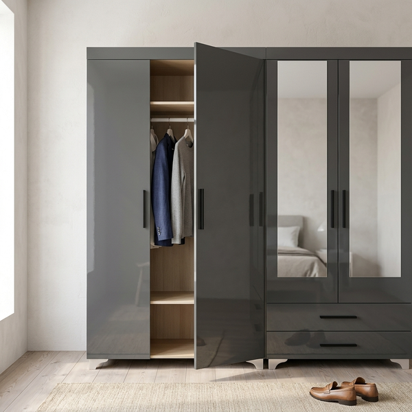 Modern Multi-Door Wardrobe Cabinet with Storage showcasing open doors and organized clothing inside.