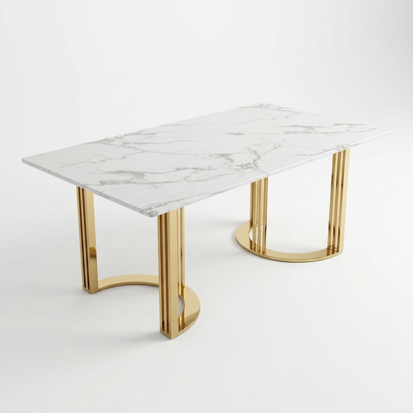 Modern White Marble-Look Dining Table with Gold Legs on a white background, featuring a glossy marble tabletop and polished gold legs.