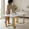 Modern White Marble-Look Dining Table with Gold Legs featuring glossy marble top and elegant gold pedestal legs.