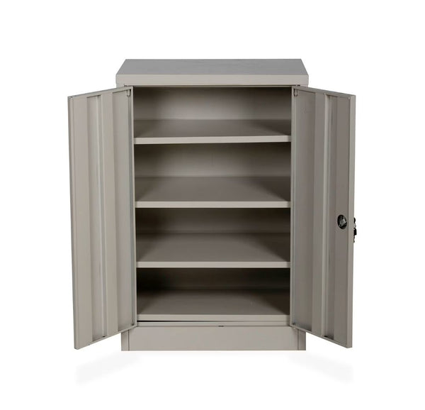 Half-Height Double Door Steel Stationery Cabinet with open doors and shelves for office storage.