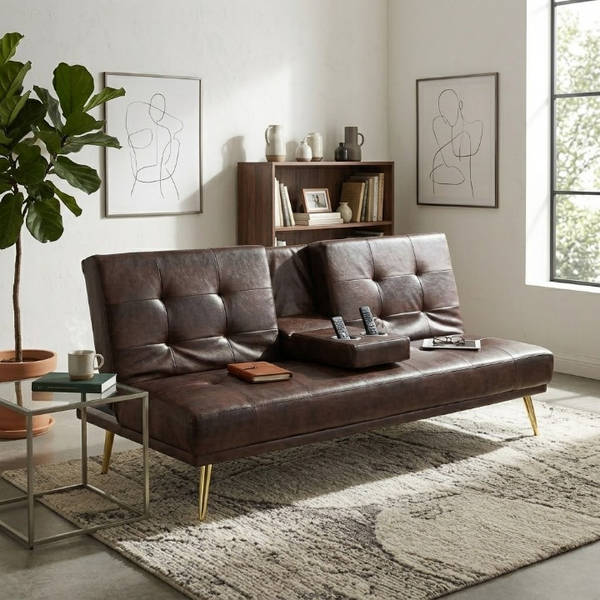 Modern Tufted Faux Leather Sleeper Couch in a stylish living room setting with plants and decor.