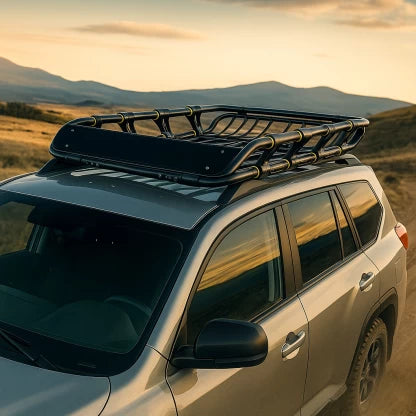 Universal Car Roof Cargo Basket mounted on a vehicle, perfect for extra gear and road trip luggage.