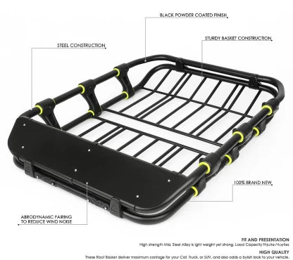Universal Car Roof Cargo Basket featuring steel construction and aerodynamic fairing for reduced wind noise.
