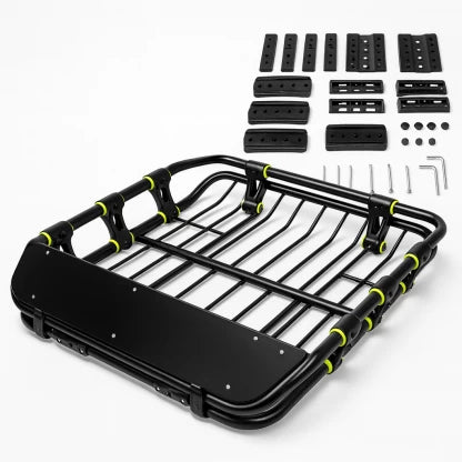 Universal Car Roof Cargo Basket with accessories for secure transport of gear and luggage.